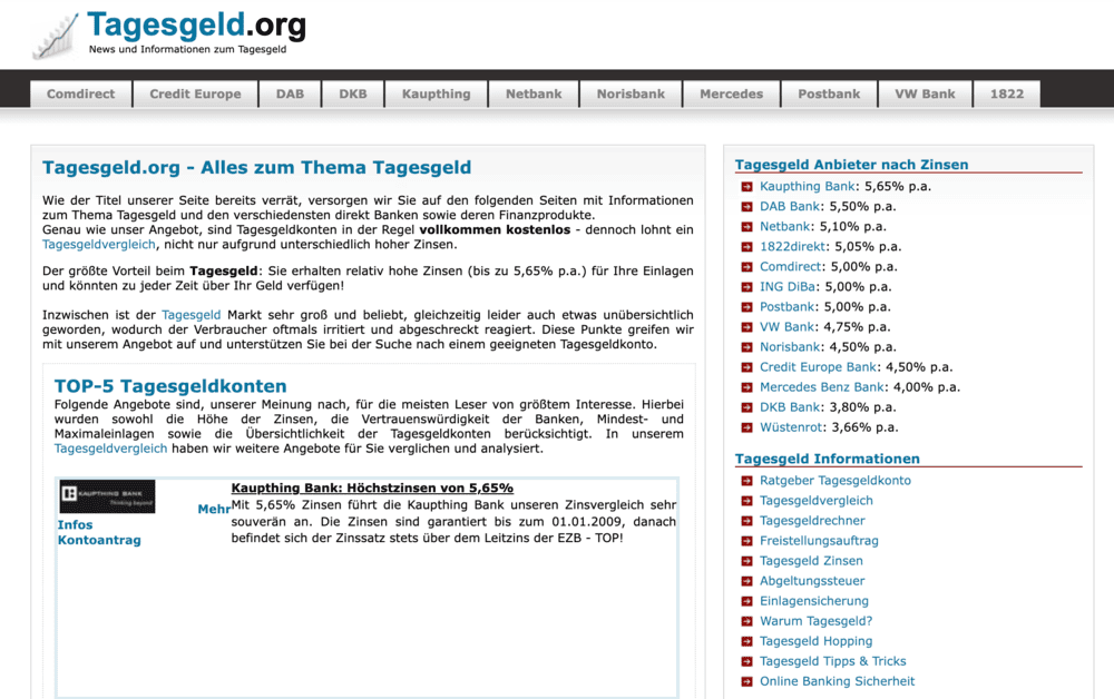 Tagesgeld.org im Jahr 2008 mit Kaupthing Bank als Top-Empfehlung